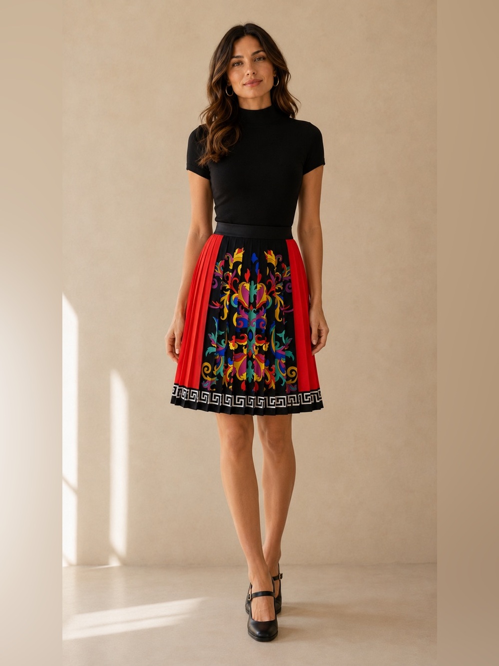 Vintage Pleated Baroque Print Skirt Colorblock Midi pleated sz large